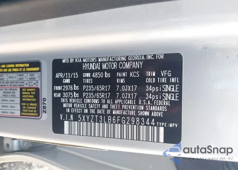 2015 Hyundai Santa Fe Sport 2.4L from USA, damaged, VIN 5XYZT3LB6FG298344